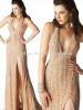 Luxurious Coral Plunging V Neckline All Over Sequined Halter Top Sided Slit Party Evening Dress