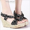 S88B8-15 bohemian lady dot open toe sandals with cross-slope braided wedge heel black